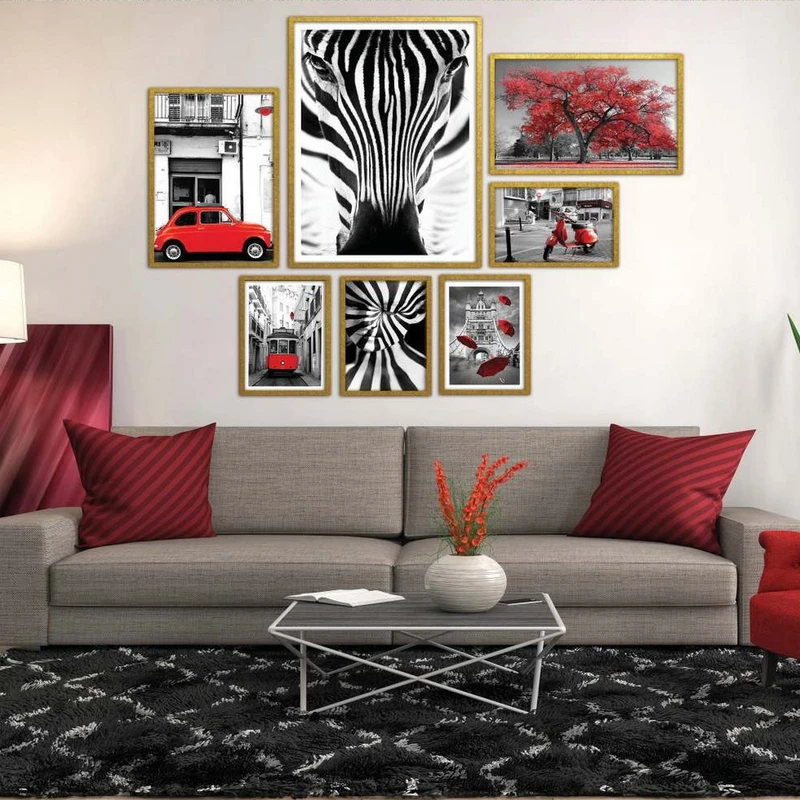 تابلو بکلیت طرح منظره شهری و زبرا مدل شاین اکلیلی T-2207 فریم طلایی مجموعه 7 عددی