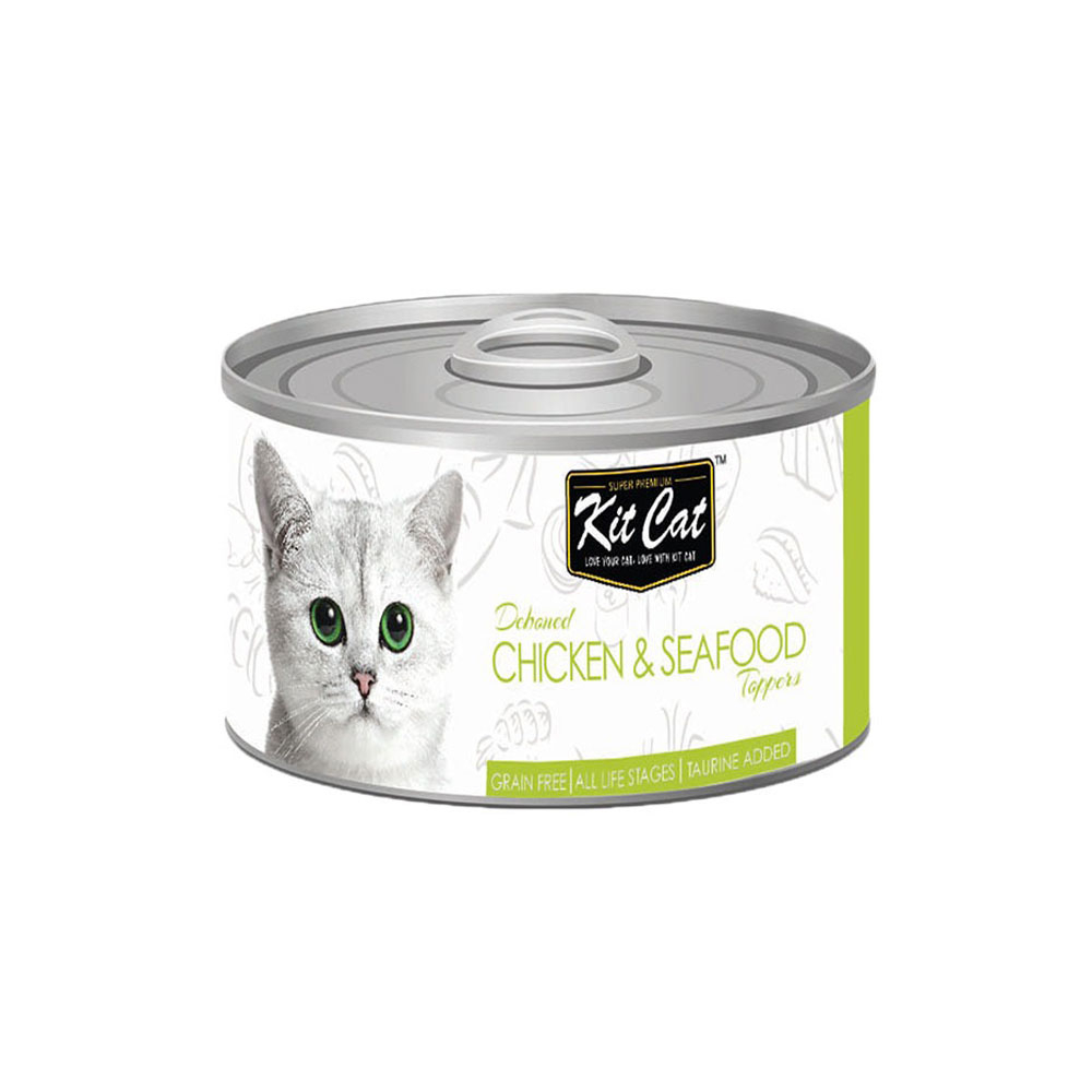 کنسرو غذای گربه کیت کت مدل مرغ و غذای دریایی وزن 80 گرم