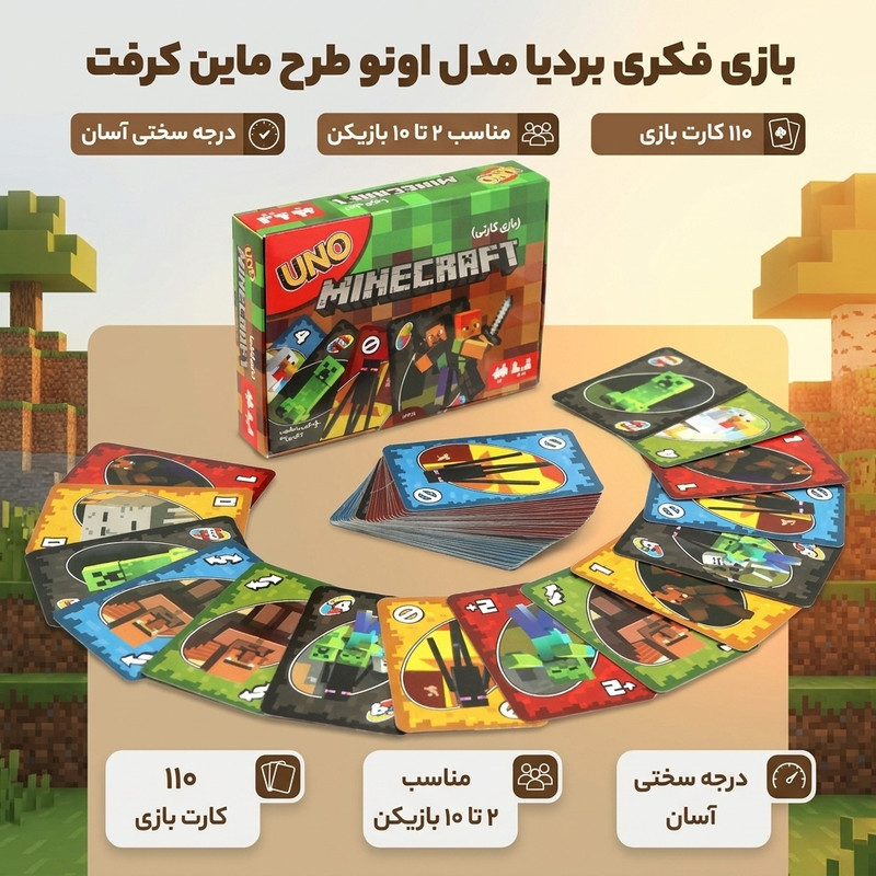 بازی فکری کارتی بردیا مدل اونو طرح ماین‌کرفت با 110 کارت، مناسب 2 تا 10 نفر، درجه سختی آسان و تقویت حافظه، ساخت ایران و مناسب دورهمی‌های طولانی بیش از یک ساعت
