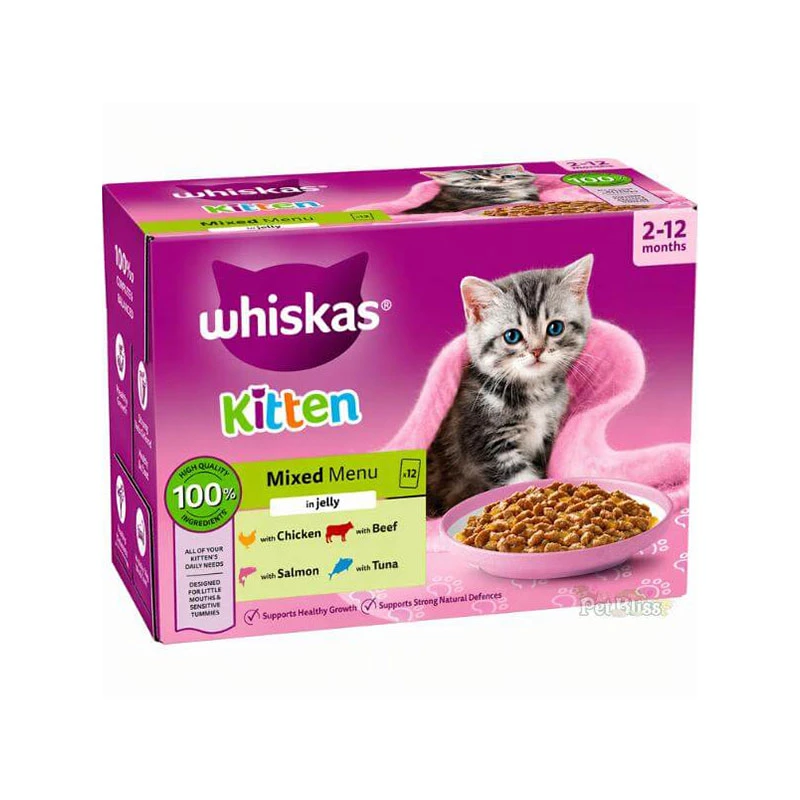 پوچ بچه گربه ویسکاس مدل Kitten Mixed Menu in Jelly با طعم میکس وزن 85 گرم بسته 12 عددی