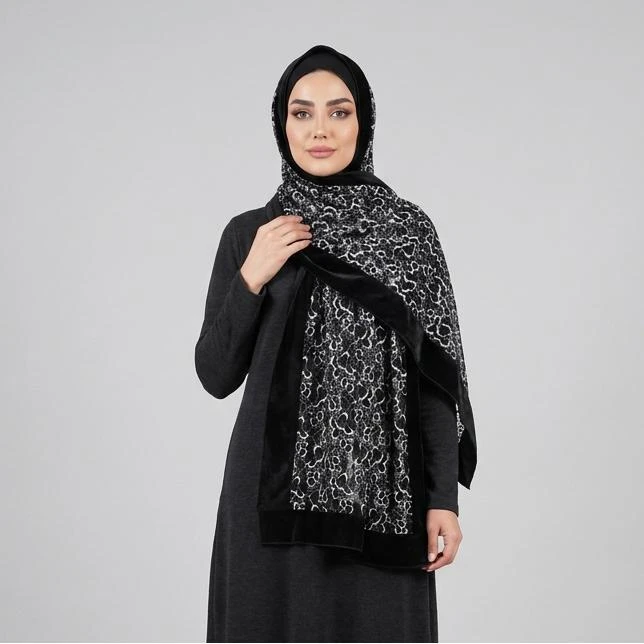 شال تور، مخمل زنانه مدل حاشیه مخمل طرح گل با طول و عرض 56 × 180 سانتی‌متر
