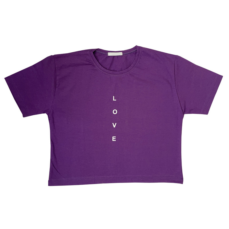 تی شرت آستین کوتاه زنانه مدل کراپ طرح LOVE رنگ بنفش
