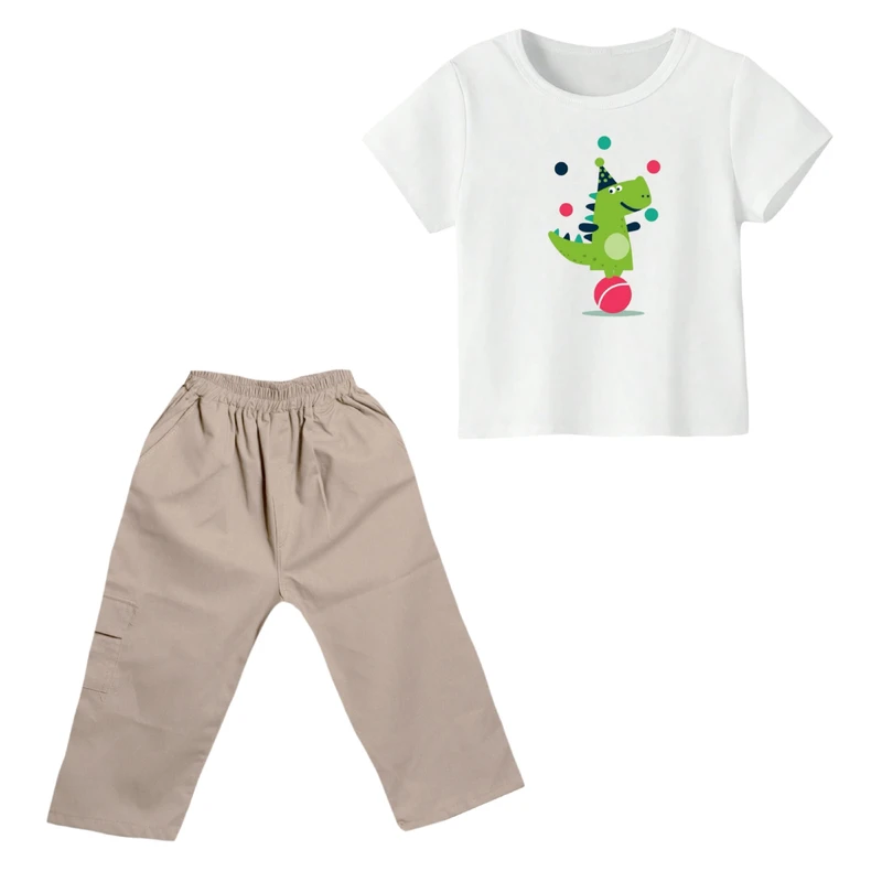 ست تی شرت و شلوارک پسرانه مدل دایناسور کد ۴ رنگ سفید