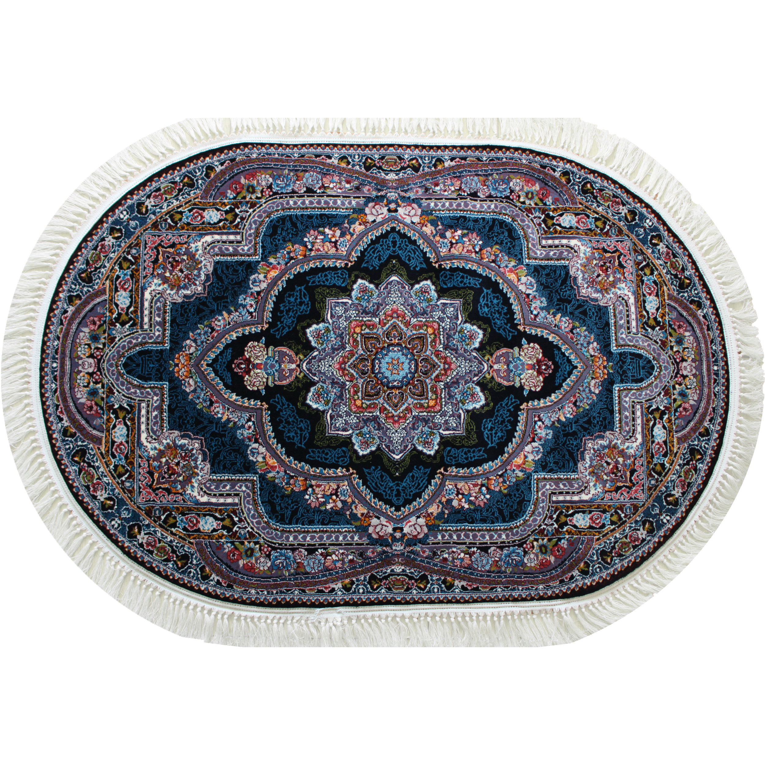 فرش ماشینی مدل بیضی طرح باغ معلق زمینه سرمه ای