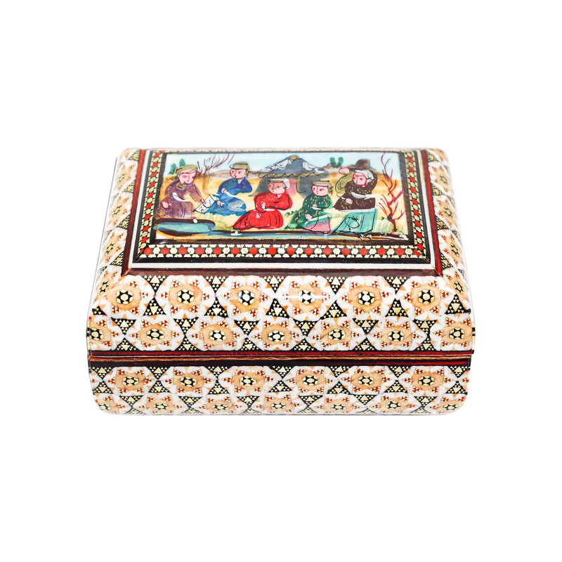 جعبه جواهرات خاتم‌ کاری چوبی صنایع دستی فاخر مدل داخل خاتم ممتاز طرح عشایر کد HQ1186-1f2