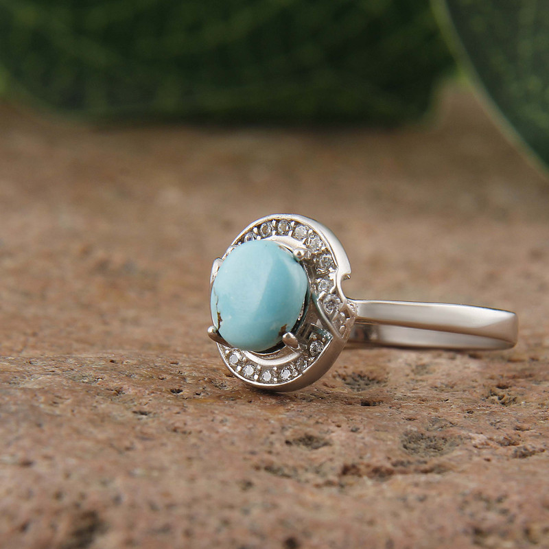 انگشتر نقره زنانه بازرگانی میلادی مدل سنگ فیروزه طبیعی نگین برلیان بدون ریزش آبکاری رادیوم کد AWR_1602