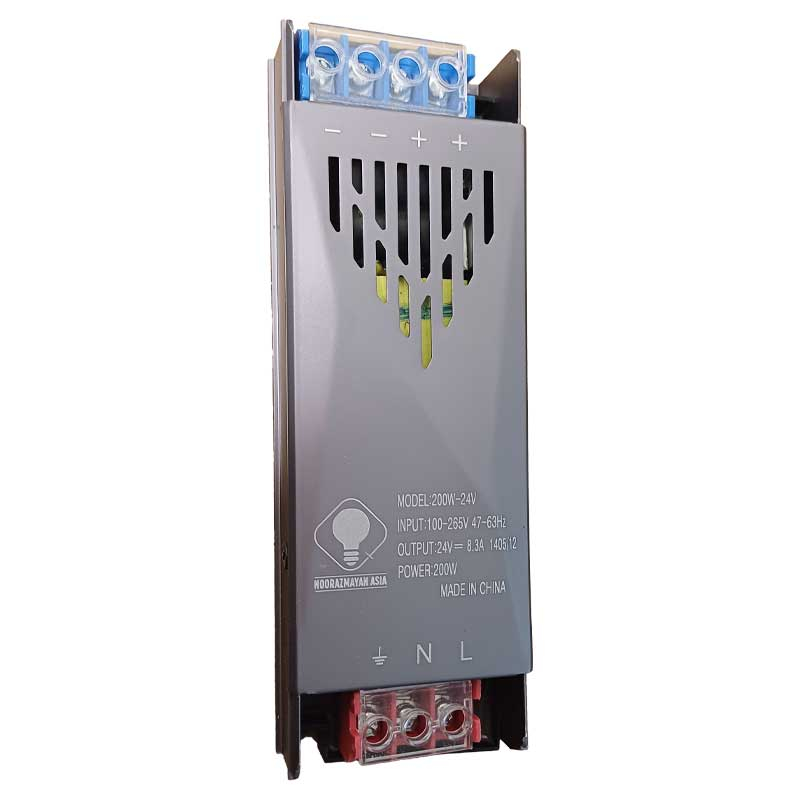 منبع تغذیه سوئیچینگ 24 ولت 8 آمپر مدل E-200 مناسب برای پروژه‌های نورپردازی LED و تابلوهای تبلیغاتی