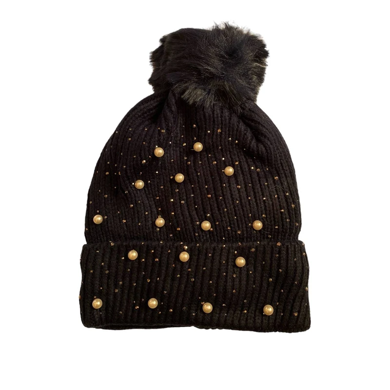 کلاه بافتنی زنانه مدل داخل خز نگینی رنگ سرمه ای