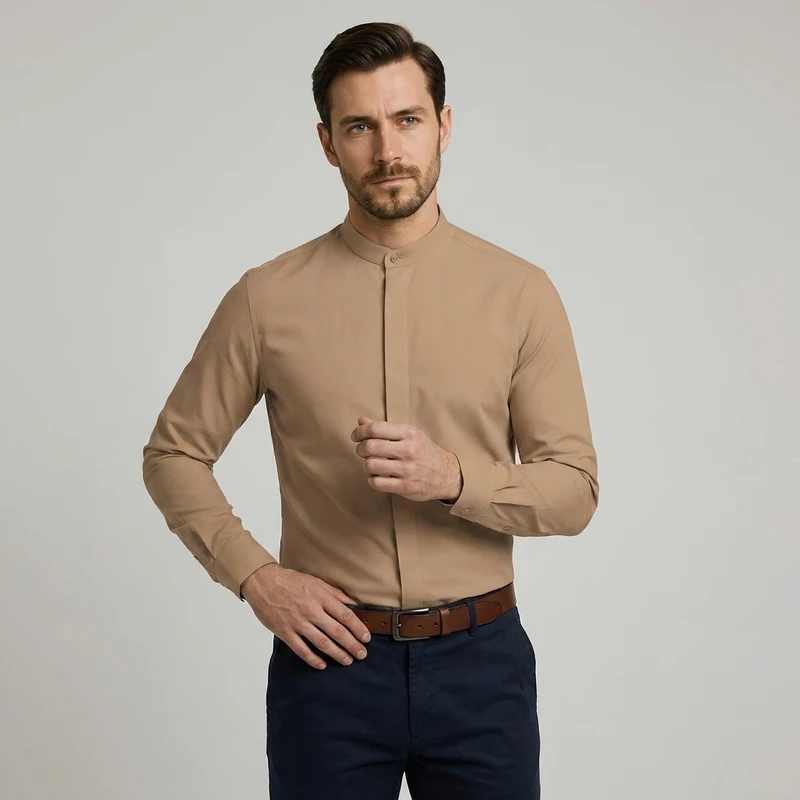 پیراهن آستین بلند یقه ایستاده با تنخور معمولی (regular fit) مردانه ابراف مدل الوند کد KERM