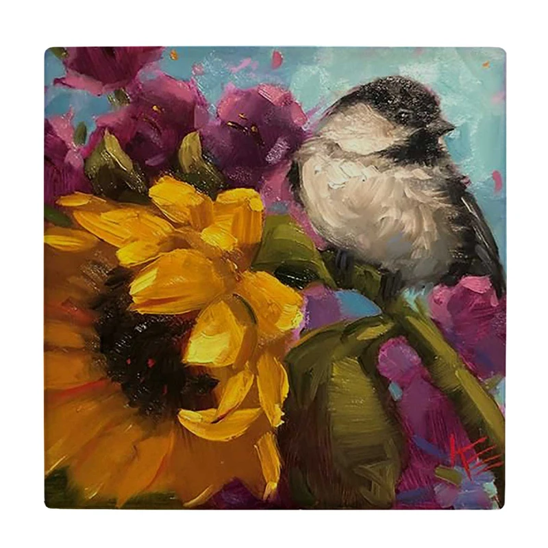 زیر لیوانی  طرح نقاشی پرنده و گل آفتابگردان کد    6167401_5506