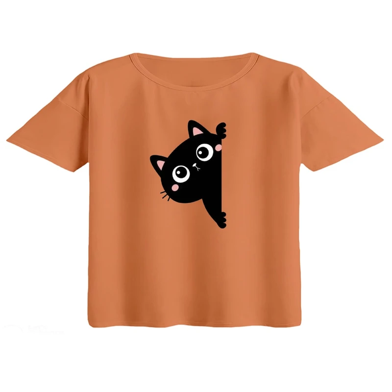 کراپ تی‌شرت آستین کوتاه زنانه مدل گربه کد ۱۶