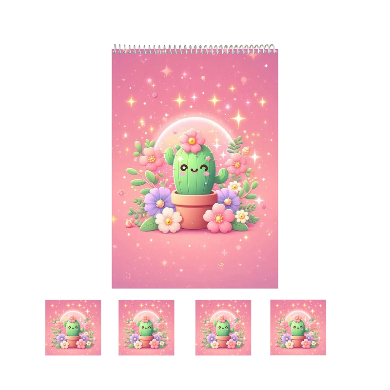 دفتر نقاشی فانتزی 50 برگ مدل کاکتوس کد02 به همراه برچسب مجموعه 5 عددی