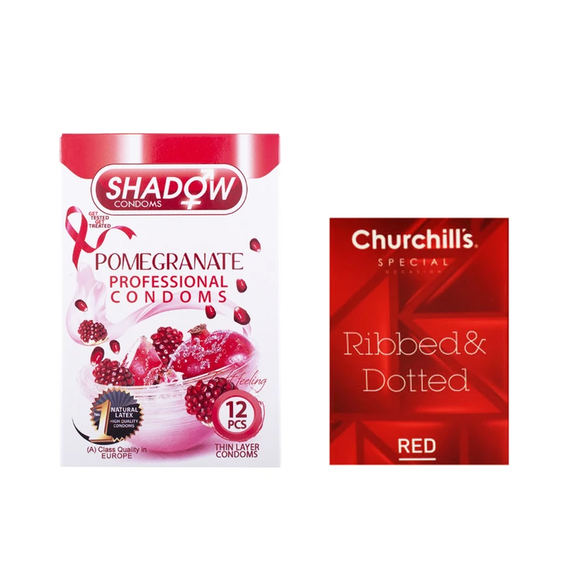 کاندوم شادو مدل Pomegranate بسته 12 عددی به همراه کاندوم چرچیلز مدل Hot Gel بسته 3 عددی