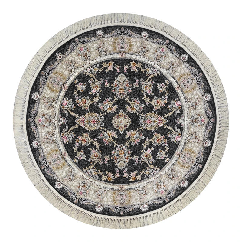 فرش ماشینی 1200 شانه فرش مشهد زمینه زغال سنگی حاشیه کرم مدل 803606