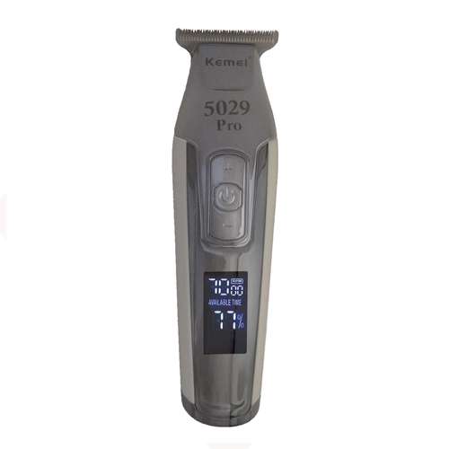 ماشین اصلاح موی سر و صورت کیمی مدل KM-5029 Pro، اصلاح به صورت خط زن، نمایشگر وضعیت باتری، منبع انرژی برق و باتری، تکنولوژی اصلاح به صورت تریم، اندازه اصلاح 0.1 میلی‌متر، مدت زمان شارژ 180 دقیقه و مدت زمان استفاده پس از شارژ 240 دقیقه، به‌همراه کابل USB