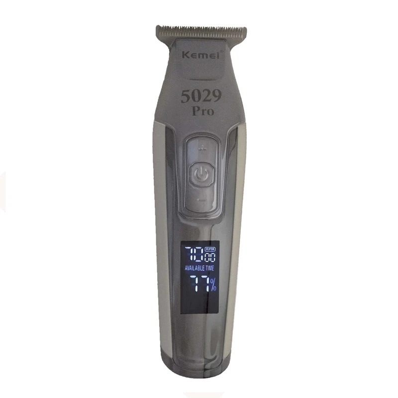 ماشین اصلاح موی سر و صورت کیمی مدل KM-5029 Pro، اصلاح به صورت خط زن، نمایشگر وضعیت باتری، منبع انرژی برق و باتری، تکنولوژی اصلاح به صورت تریم، اندازه اصلاح 0.1 میلی‌متر، مدت زمان شارژ 180 دقیقه و مدت زمان استفاده پس از شارژ 240 دقیقه، به‌همراه کابل USB