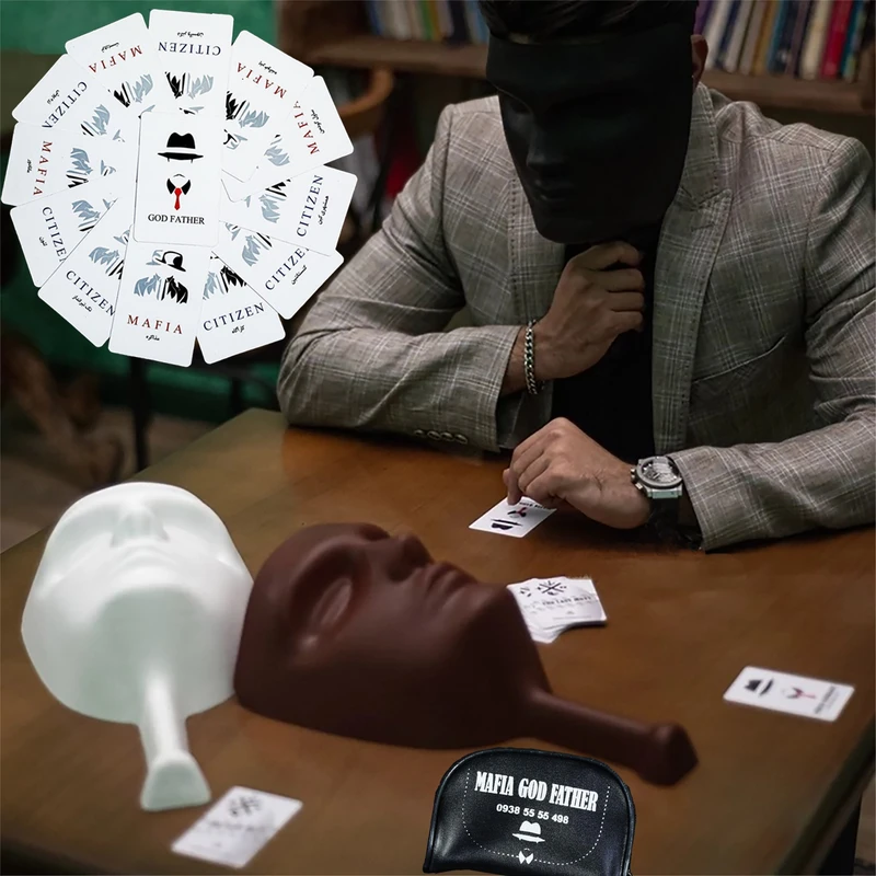 عکس شماره 4 : ماسک ایفای نقش مدل مافیا اشرافی بهمراه کارت مافیا مجموعه 12 عددی