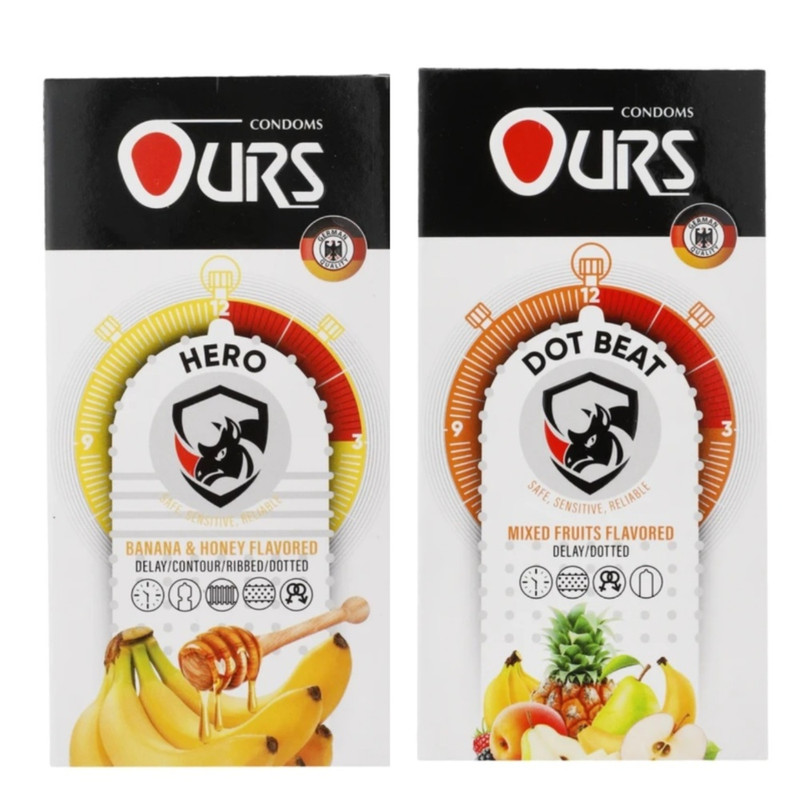 کاندوم تاخیری اورز مدل HERO بسته 12 عددی به همراه کاندوم خاردار اورز مدل DOT BEAT بسته 12 عددی