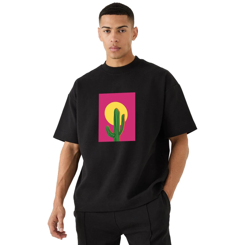 تی‌شرت لانگ آستین سه ربع مردانه مدل باکسی طرح کاکتوس