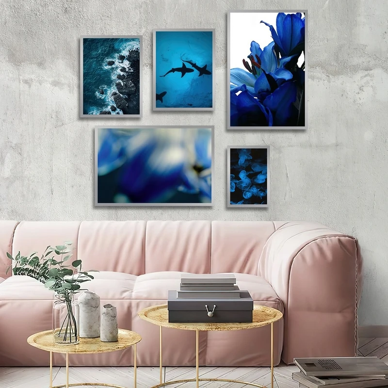 تابلو بکلیت طرح منظره دریا و گل آبی مدل شاین اکلیلی SI-2788 مجموعه 5 عددی