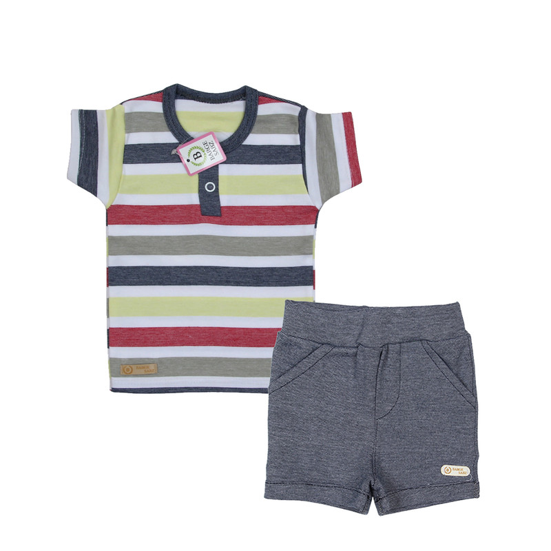 ست تی شرت و شلوارک نوزادی برگ سبز مدل راه راه دو دكمه