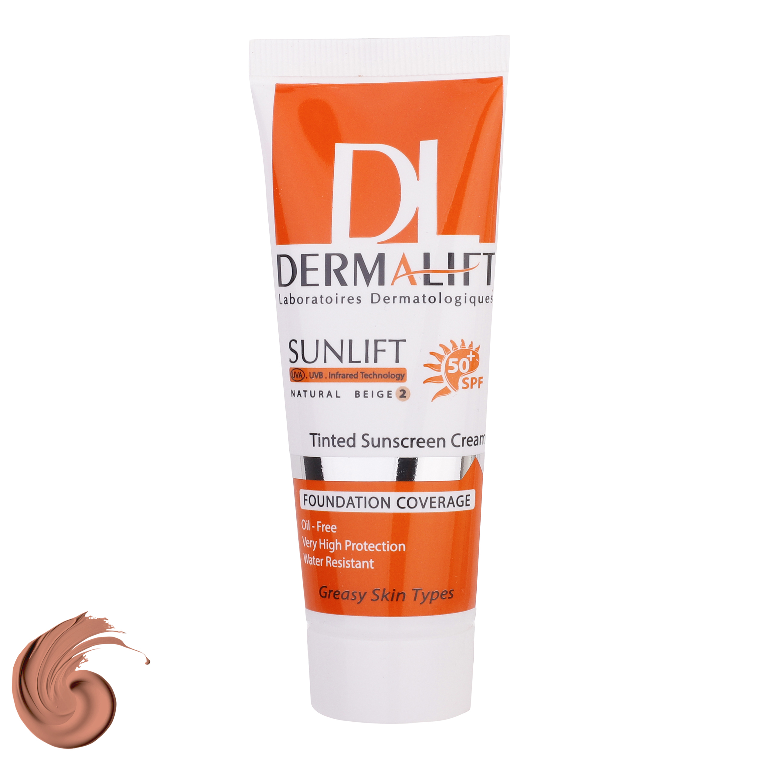 مراقبت پوست کرم ضد آفتاب رنگی درمالیفت مدل SPF50 محافظ UVA ،UVB، ضد آب، مناسب پوست چرب حجم 40 میلی‌لیتر