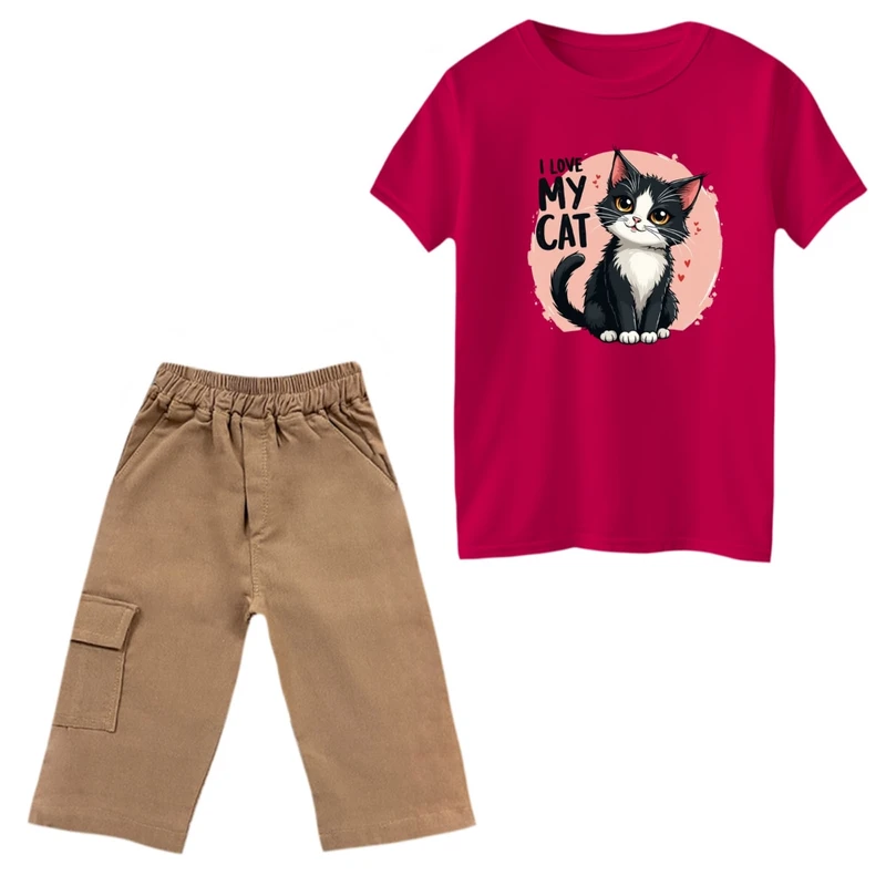 ست تی‌شرت و شلوارک دخترانه مدل گربه