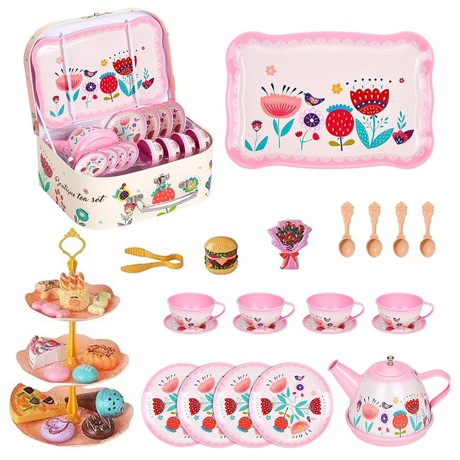 ست اسباب بازی چایخوری مدل فلزی شیرینی و دونات طرح چمدانی کد 2-7675 مجموعه 36 عددی