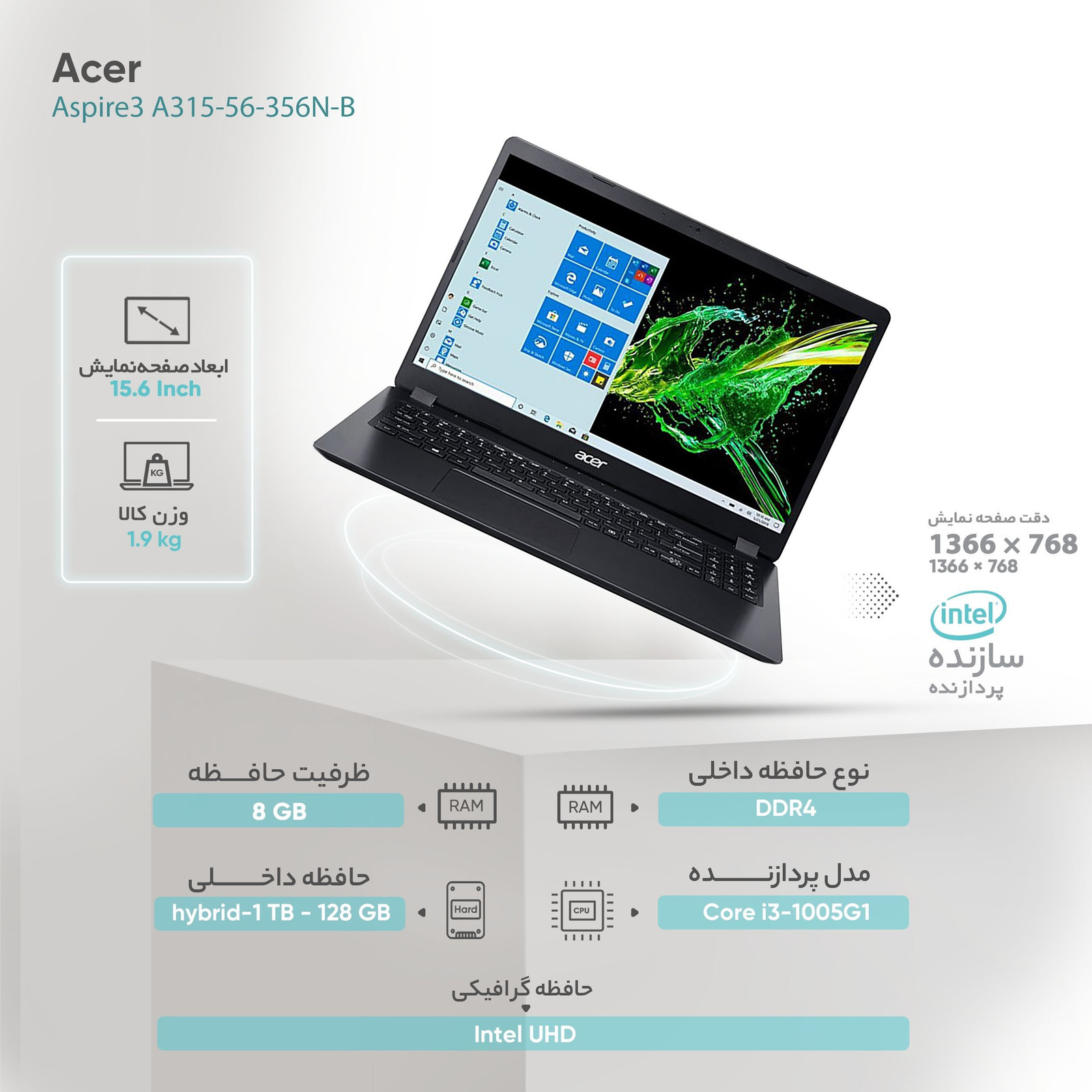 لپ تاپ 15.6 اینچی ایسر مدل Aspire3 A315-56-356N-B - کاستوم شده