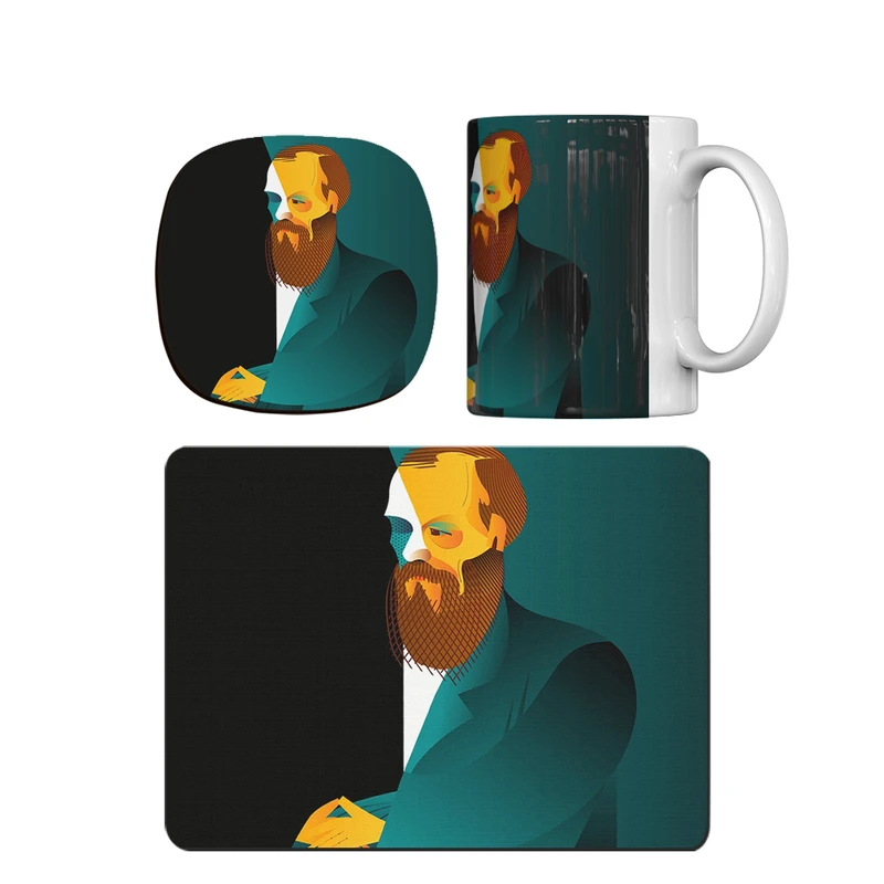 ماگ ترمه طراحان ایده مدل پرتره مینیمال داستایوفسکی کد cfp1715 همراه با زیر لیوانی و موس پد