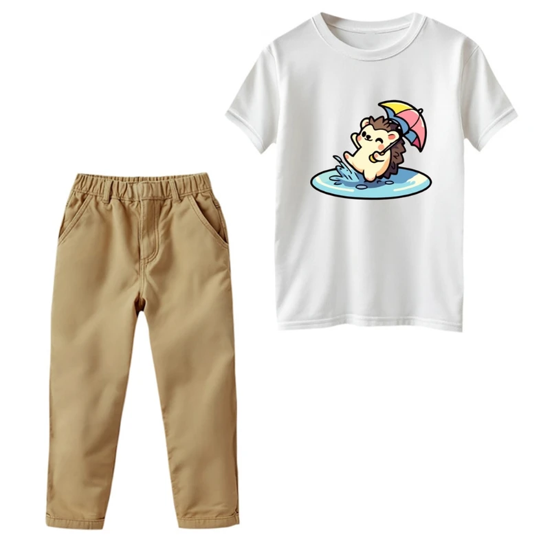 ست تی‌شرت و شلوار دخترانه مدل جوجه تیغی و چتر