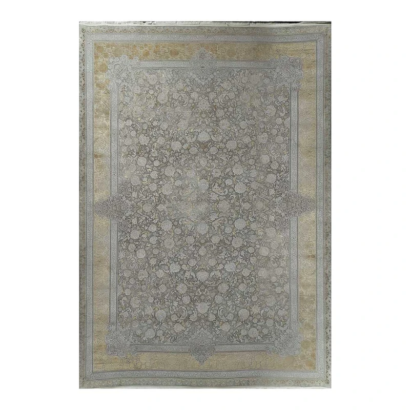 فرش ماشینی 1200 شانه زمینه طوسی حاشیه طلائی مدل ساندرا طرح افشان وینتیج