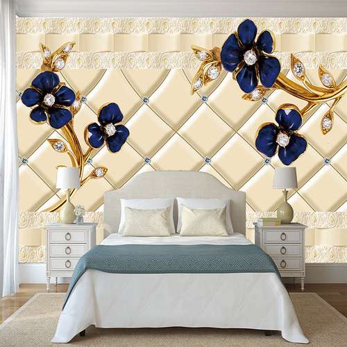 پوستر دیواری سه بعدی مدل شاخه طلایی گل سرمه ای زمینه هندسی DVRF2146