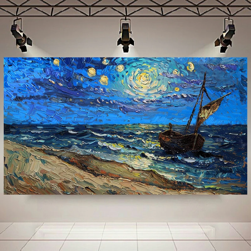 پوستر پارچه ای طرح مخمل  شب پر ستاره ونگوگ مدل قایق کد AR3062891