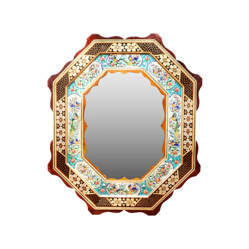 آینه خاتم کاری چوبی صنایع دستی فاخر مدل نقشینه طرح گل و مرغ برجسته کد Octagon65p55