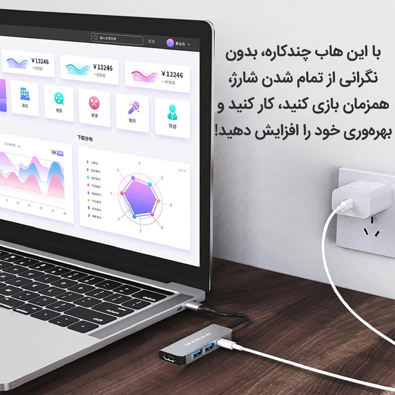 هاب ۴ پورت و مبدل USB-C به HDMI ماکار مدل MK-S-HDMI