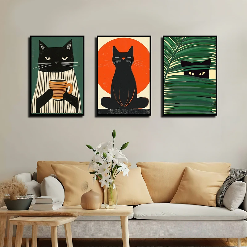 تابلو بکلیت طرح نقاشی گربه مدل B-3807 فریم مشکی مجموعه 3 عددی