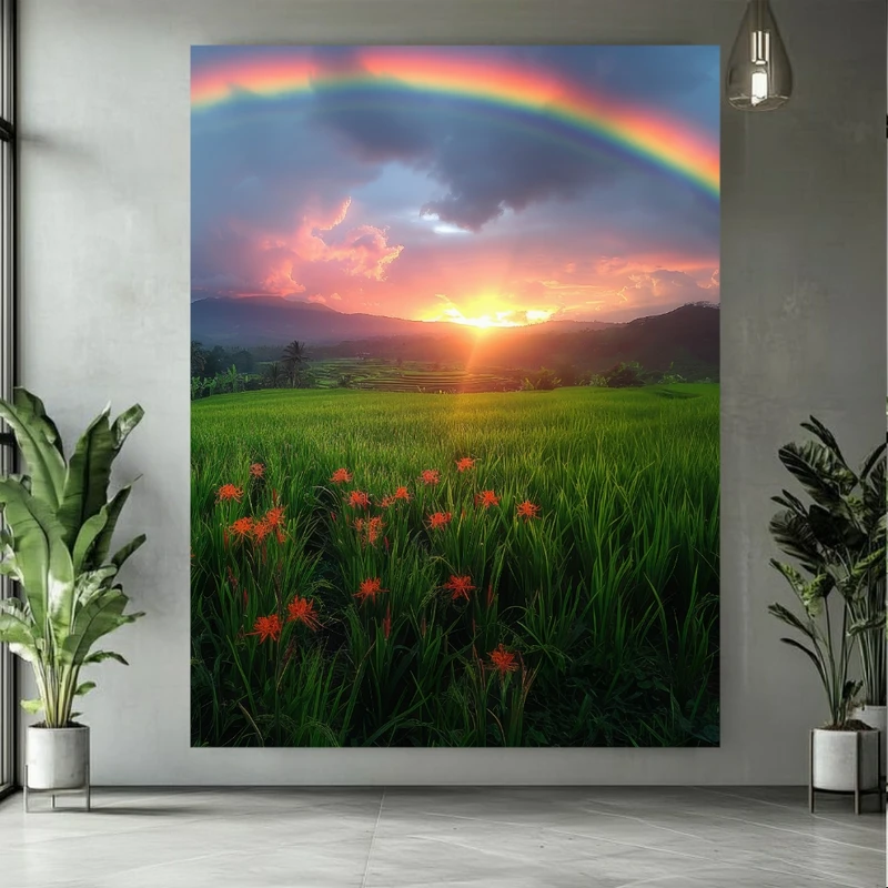 تابلو بوم طرح مخمل دشت پهناور و طلوع خورشید مدل رنگین کمان کد FP106344