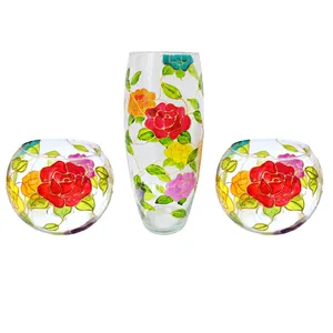 ست سه تکه گلدان و جاشمعی شیشه ای طرح گل کد 03