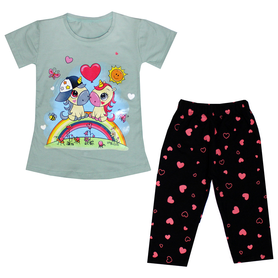 ست تی شرت و شلوارک دخترانه مدل رنگین کمان رنگ سبز