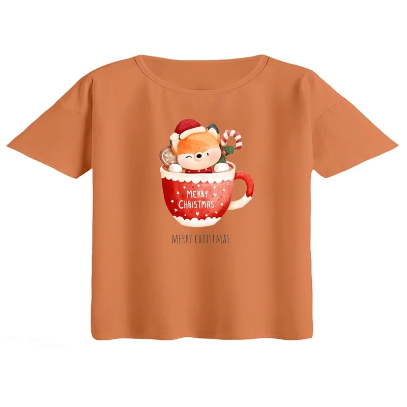 کراپ تی‌شرت آستین کوتاه زنانه مدل گوزن کریسمس کد 1 رنگ گلبهی