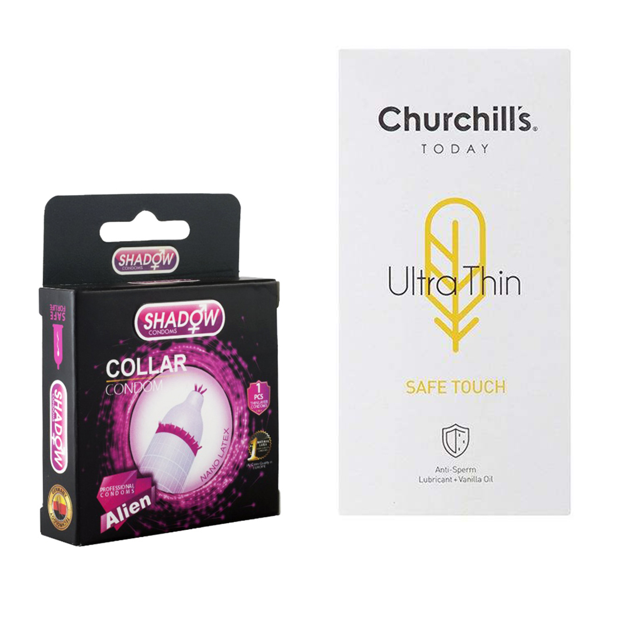کاندوم چرچیلز مدل Safe Touch بسته 12 عددی به همراه کاندوم شادو مدل Collar