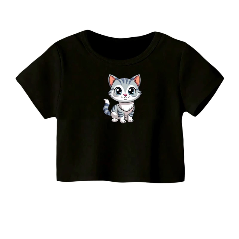 کراپ‌ تی‌شرت آستین کوتاه زنانه مدل گربه کد 01