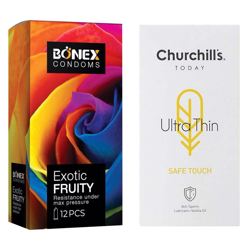 کاندوم چرچیلز مدل Safe Touch بسته 12 عددی به همراه کاندوم بونکس مدل Exotic Fruity بسته 12 عددی
