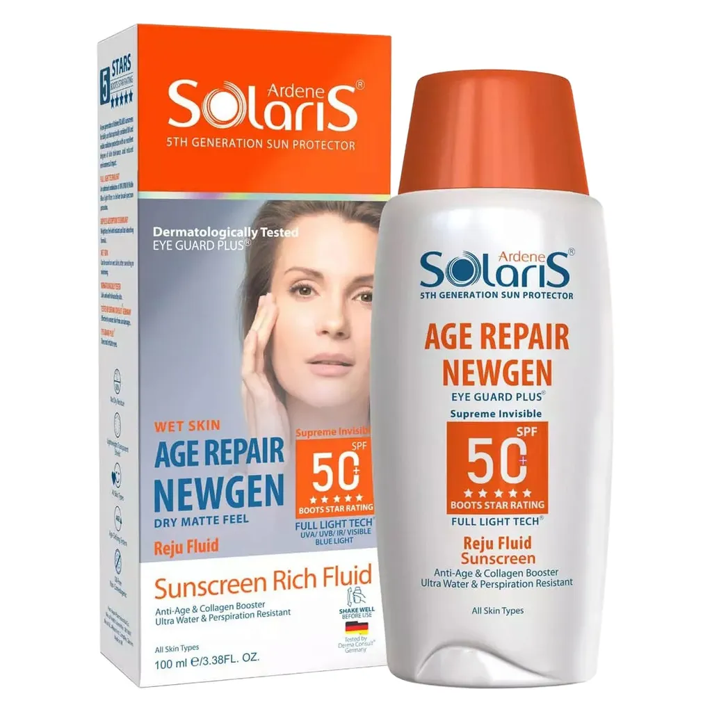 لوسیون ضد آفتاب بی‌رنگ آردن سولاریس، SPF 50، مدل Age Repair Newgen، مناسب انواع پوست با حجم 100 میلی لیتر، ضد آب و محافظت‌کننده در برابر اشعه‌های PA++++ ،UVA ،UVB، ضد پیری، دارای فرمولاسیون کلاژن، با ماندگاری ۲ ساعته