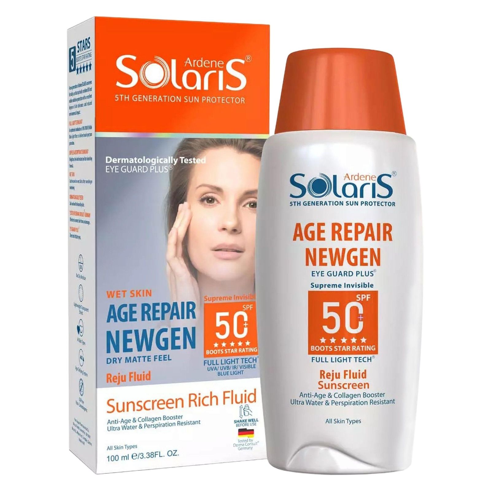 لوسیون ضد آفتاب بی‌رنگ آردن سولاریس، SPF 50، مدل Age Repair Newgen، مناسب انواع پوست با حجم 100 میلی لیتر، ضد آب و محافظت‌کننده در برابر اشعه‌های PA++++ ،UVA ،UVB، ضد پیری، دارای فرمولاسیون کلاژن، با ماندگاری ۲ ساعته -  - 1