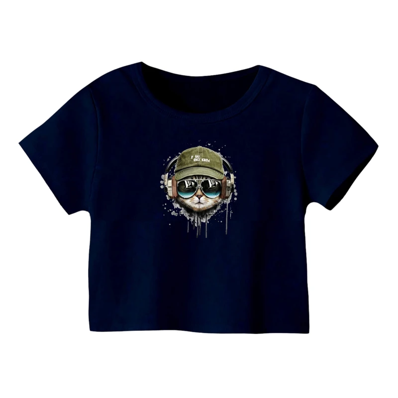 کراپ‌ تی‌شرت آستین کوتاه زنانه مدل گربه کد ۱۰