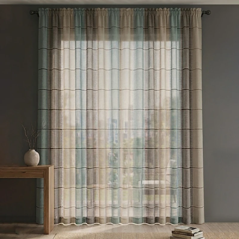 پرده تیکو دکو مدل دوخت ساده کتان چهارخانه کلاسیک سایز 280 × 300 سانتی‌متر