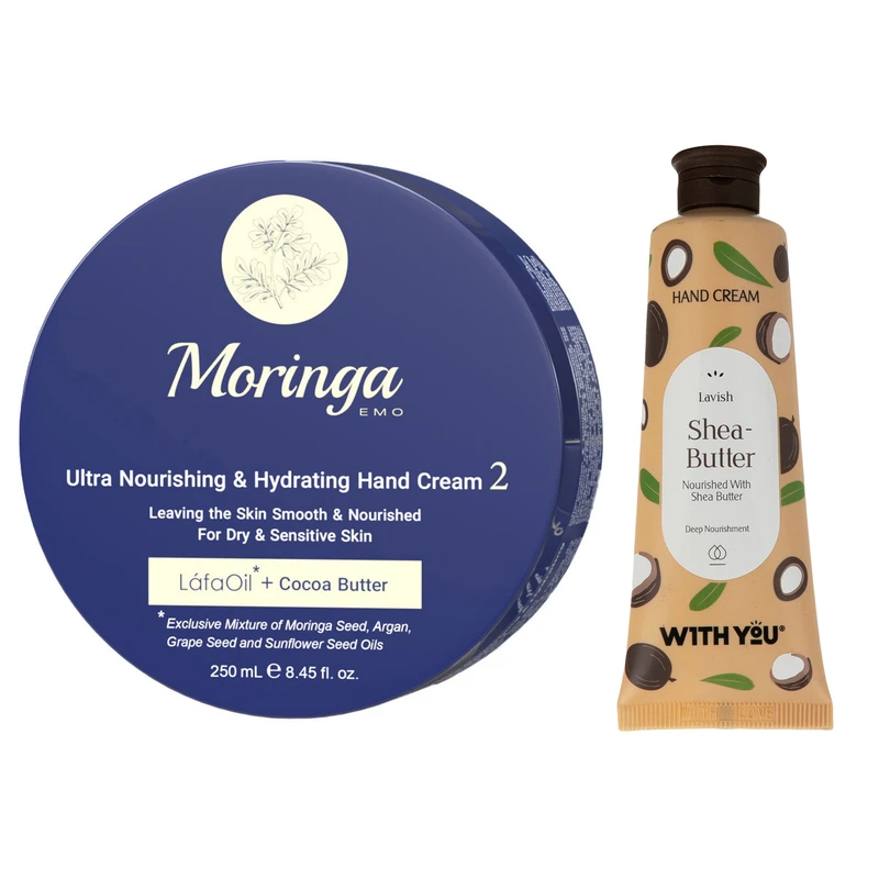 کرم مغذی و آبرسان مورینگا امو کد 2 حجم 250 میلی لیتر به همراه کرم مرطوب کننده ویت یو مدل Shea Butter حجم 50 میلی لیتر