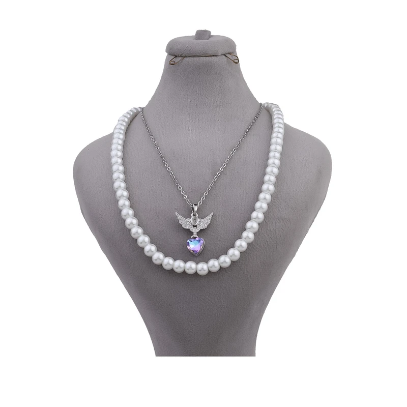 گردنبند زنانه مدل دولاین طرح مروارید و قلب بالدار 